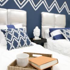 Rattan Serving Tray in Navy & White Bedroom