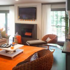 Contemporary White and Orange Living Room With Orange Rug