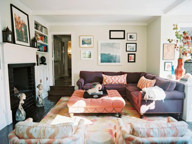A Sunken Bookshelf Saves Space In A Pink Living Room Hgtv
