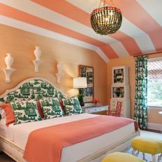 Peachy Bedroom With Striped Ceiling and Green and White Decor