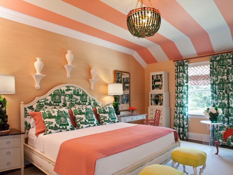 Coral and Green Transitional Bedroom