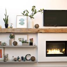 Modern Living Room Fireplace With Rough-Hewn Mantel and Shelves