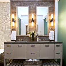 Modern Green Bathroom With Reclaimed Lumber Backsplash