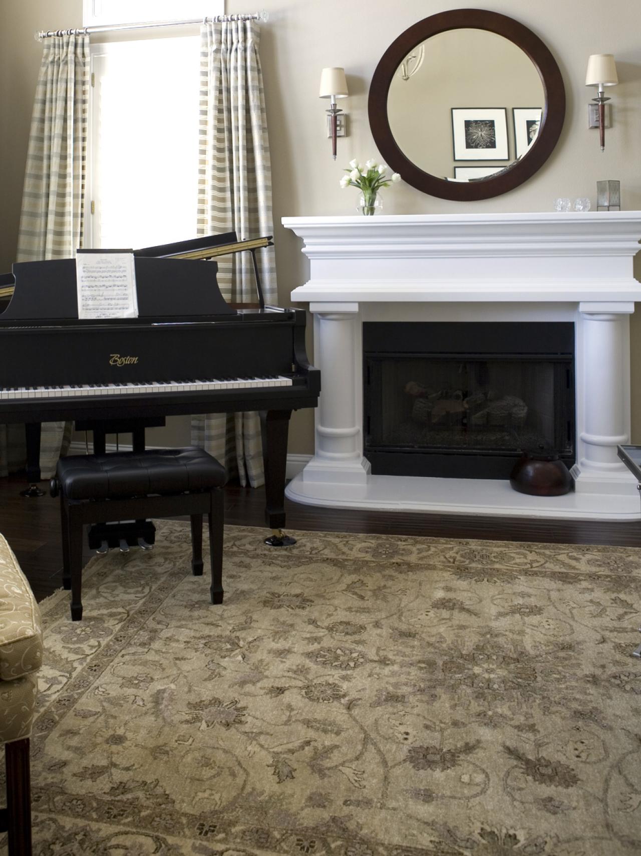 Traditional Neutral Living Room With Piano and Fireplace ...
