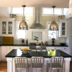 White Transitional Kitchen With Metal Pendant Lamps