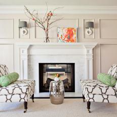 Wall Detail in Traditional White Sitting Room With Fireplace
