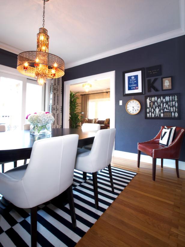 Eclectic Dining Room With Blue Suede Wallpaper, Striped ...