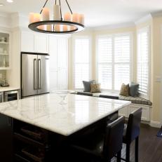Transitional Kitchen With Square Island and Chandelier