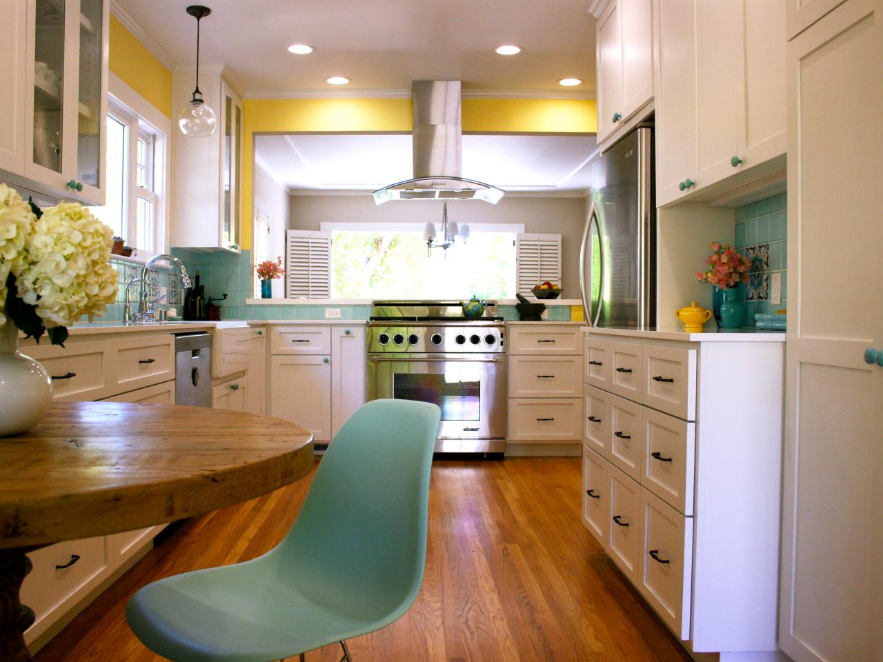 Yellow Transitional Kitchen With Teal Backsplash | HGTV