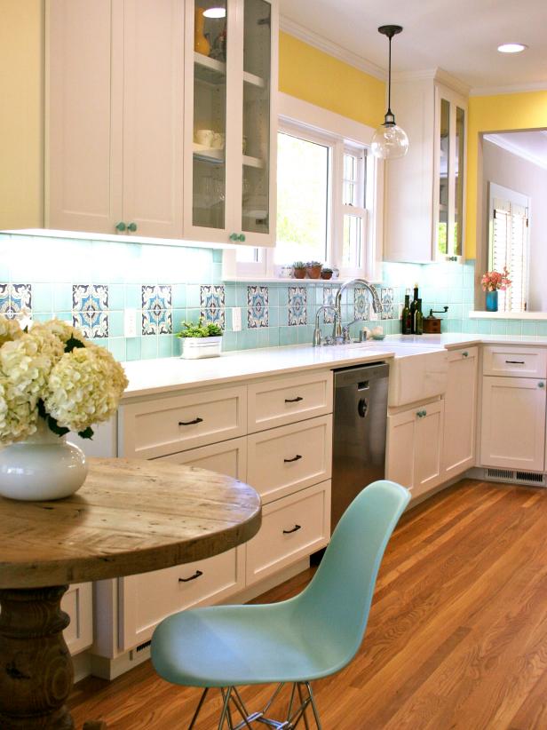 Kitchen With Turquoise Tile Backsplash and Yellow Walls