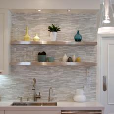 Countertop-to-Ceiling Kitchen Backsplash With Stainless-Steel Open Shelving