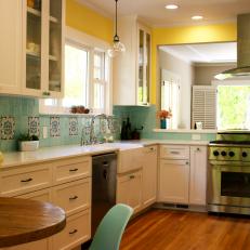 Transitional Yellow Kitchen With Turquoise Backsplash
