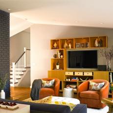Contemporary Living Room With Gray Brick Wall
