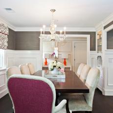 Two-Toned Upholstered Chairs in Traditional Gray Dining Room