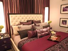 Purple Bedroom With Neutral Tufted Headboard and Contemporary Lamps 