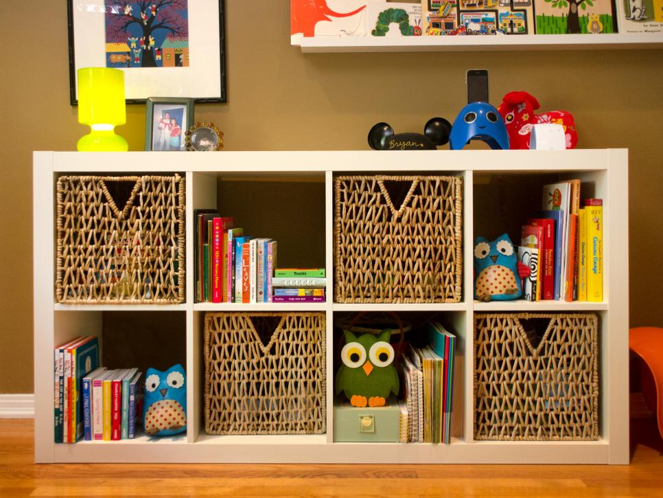 toy storage shelf with baskets