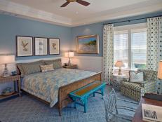 Blue Bedroom With White Paneling, Blue Carpet, Bench