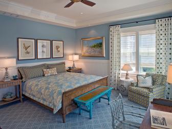 Blue Bedroom With White Paneling, Blue Carpet, Bench