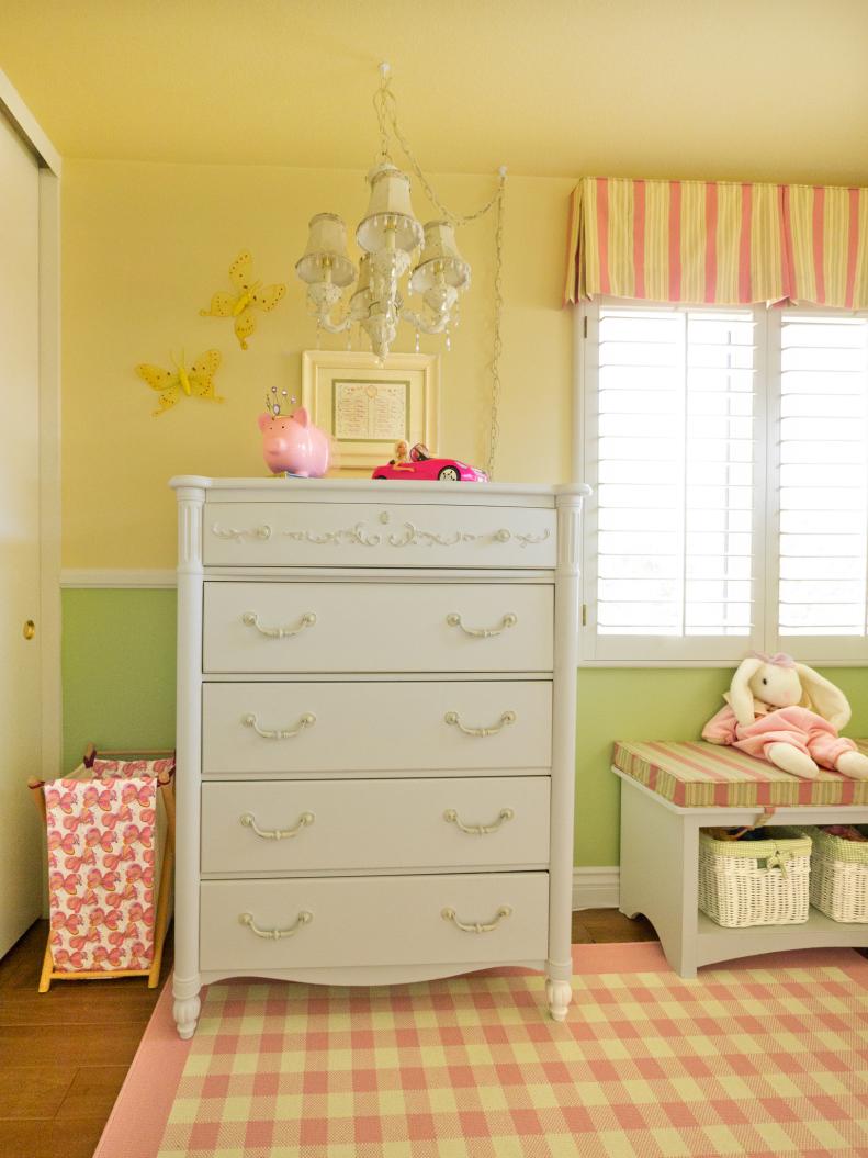 Yellow, Pink and White Kids Bedroom with White Chandelier