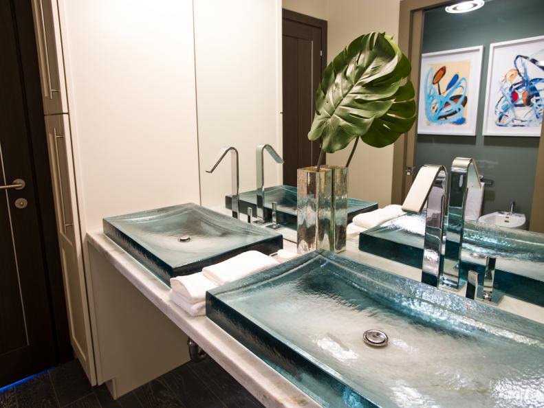 White Modern Bathroom With Blue Basin Sinks