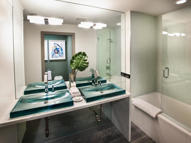 Deep Teal Sinks Stand Out In Modern Bathroom