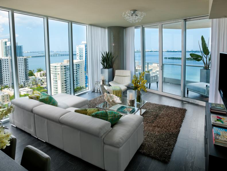 Small High-Rise Living Room With Waterfront View