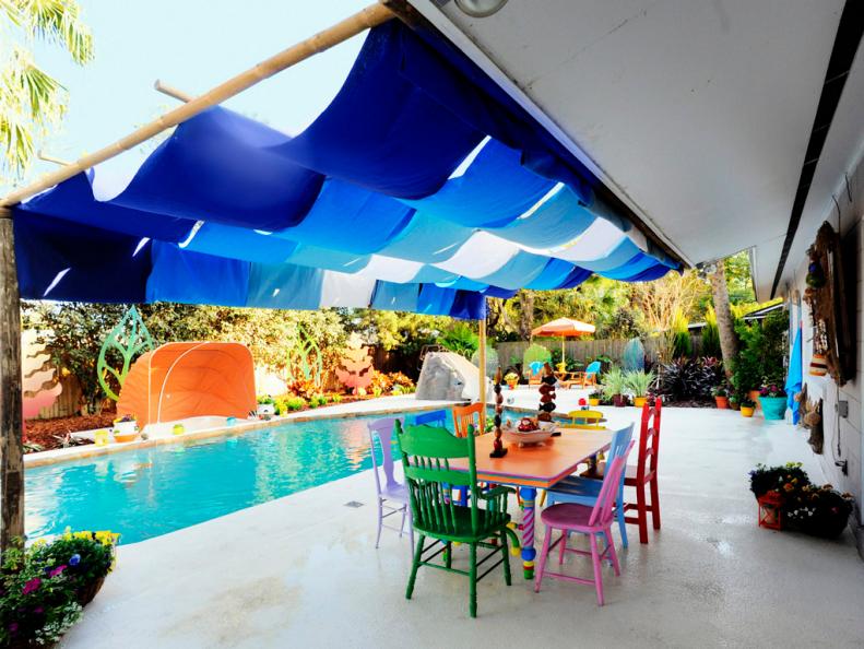 Colorful Outdoor Dining Area and Pool