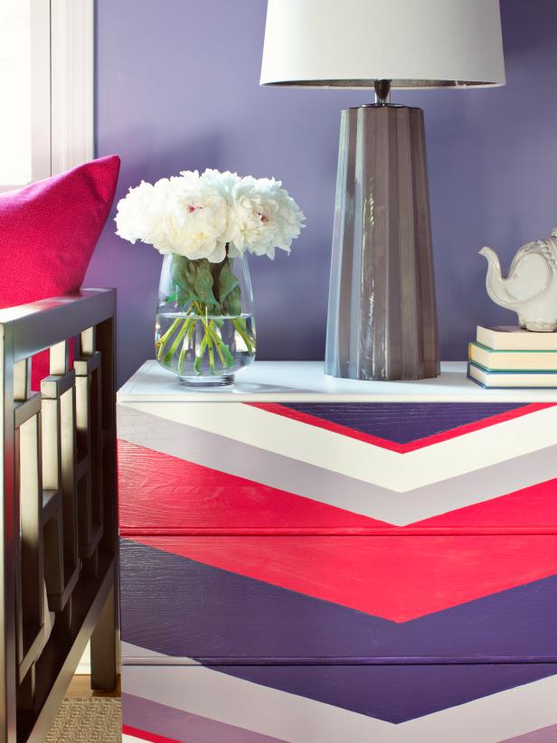 Dresser Painted with Bold Purple and Pink Chevron Pattern