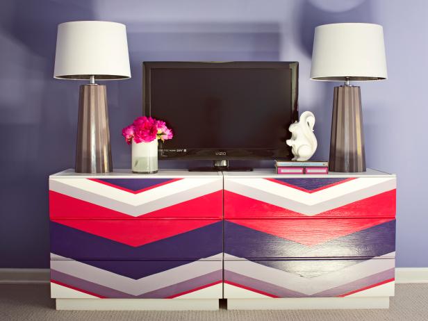 Take a nod from designer Brian Patrick Flynn and jazz up a big box dresser with a colorful chevron pattern.