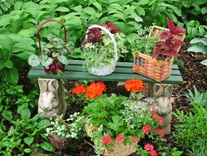 Basket Garden Containers on Green Bench