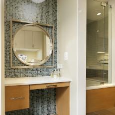 Bathroom Vanity and Mosaic-Glass Tile Wall 
