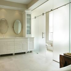White Contemporary Bathroom With Frosted Panels