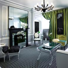 Transitional Living Room With Green Satin Drapes