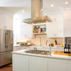 White Transitional Kitchen With Gas Cooktop Island
