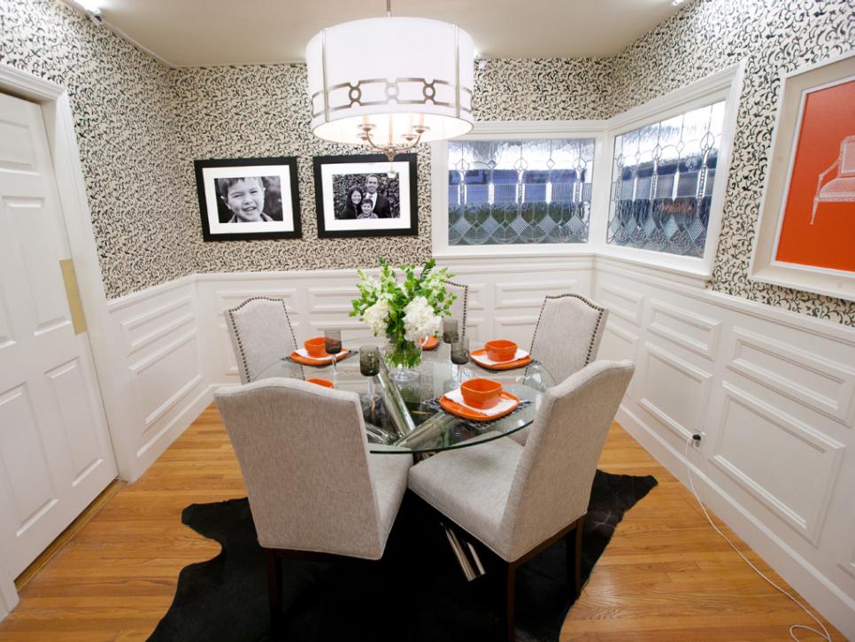 Transitional Dining Room With Black And, Dining Room Wallpaper Wainscoting