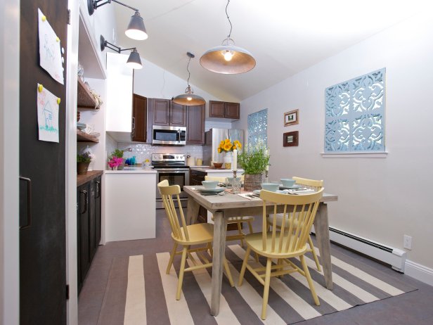 White Coastal Kitchen With Gray Table and Yellow Chairs 