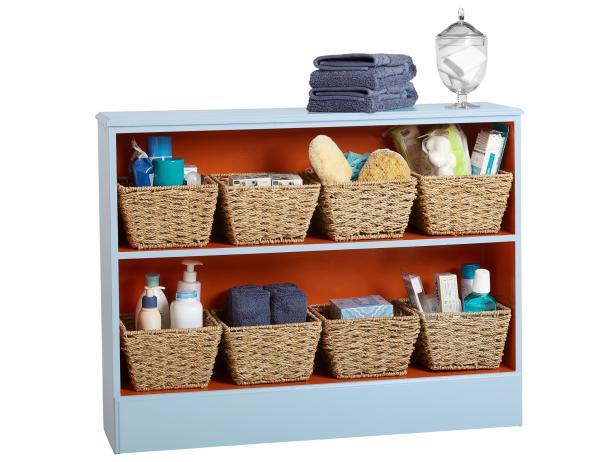 Painted Bookshelf With Woven Baskets for Bathroom Storage