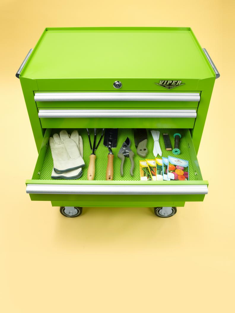 Lime Green Metal Tool Chest Holding Gardening Supplies