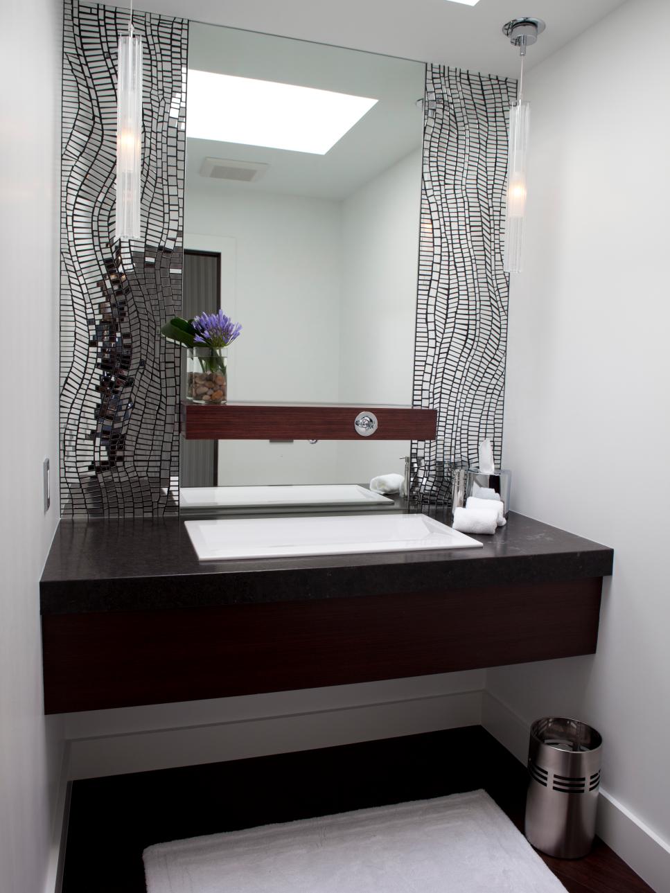 Contemporary Bathroom Vanity With Silver Mosaic Tile Wall | HGTV