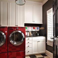 Contemporary Laundry Room With Checkerboard Flooring