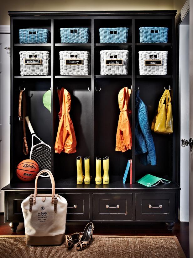Traditional Mudroom with Labeled Wicker Baskets and Open Lockers