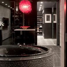 Modern Black Bathroom With Red Chandelier