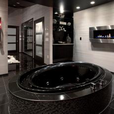Masculine Gray Bathroom With Modern Fireplace