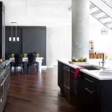 Contemporary Black Open Kitchen With Island