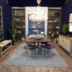 Blue Dining Room With Built-In Bookcase