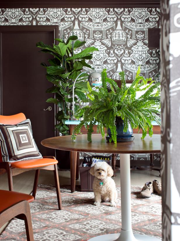 Brown Contemporary Home Office With Orange Chair