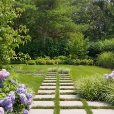 English Country Stone Pathway With Purple Hydrangea 