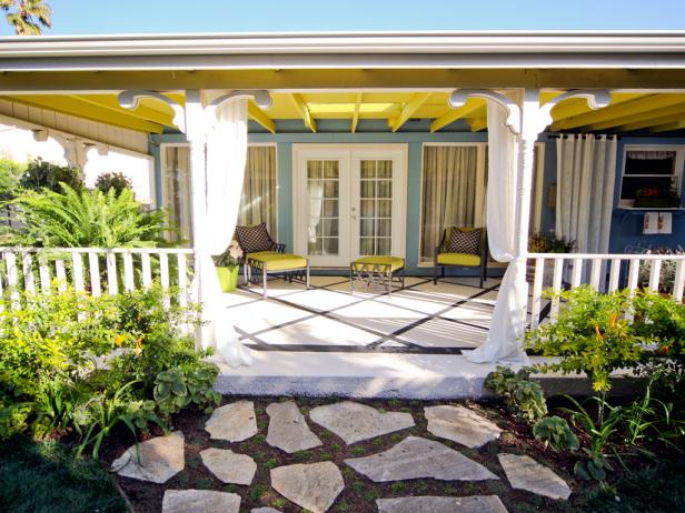Covered patio with yellow and blue color palette