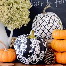 Contemporary Fall Centerpiece Featuring Decoupaged Patterned Pumpkins