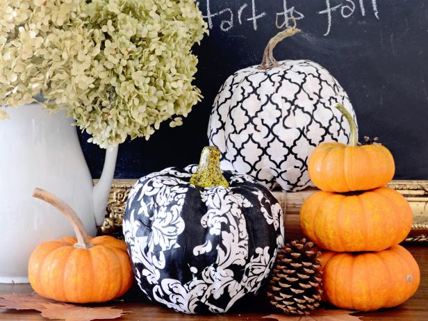 Decoupage pumpkins blend with the real for a unique holiday display.